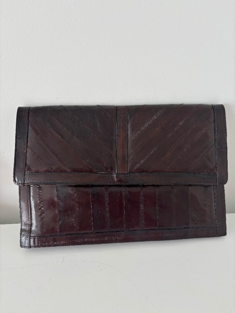 Genuine Eel Skin clutch purse 3 compartments 2 zippered sections chocolate brown